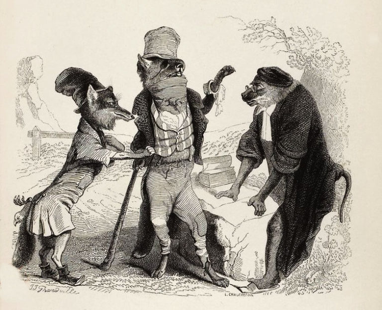 Le Loup Plaidant Contre Le Renard Par-devant Le Singe de Jean de La Fontaine dans Les Fables - Illustration de Grandville - 1840