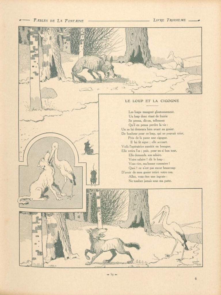 Le Loup et La Cigogne de Jean de La Fontaine dans Les Fables - Illustration de Benjamin Rabier - 1906
