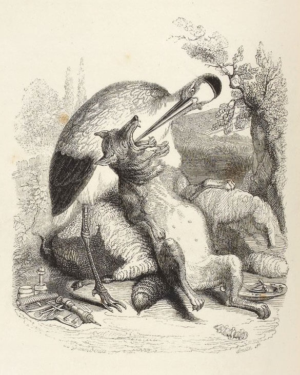 Le Loup et La Cigogne de Jean de La Fontaine dans Les Fables - Illustration de Grandville - 1840