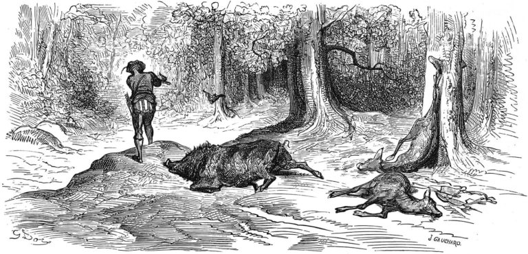Le Loup et Le Chasseur de Jean de La Fontaine dans Les Fables - Gravure de Gustave Doré - 1876