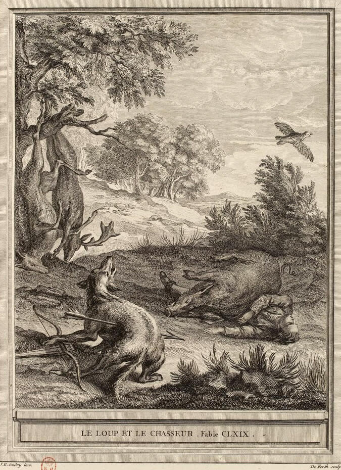 Le Loup et Le Chasseur de Jean de La Fontaine dans Les Fables - Gravure par A-J de Fehrt d'après un dessin de Jean-Baptiste Oudry - 1759