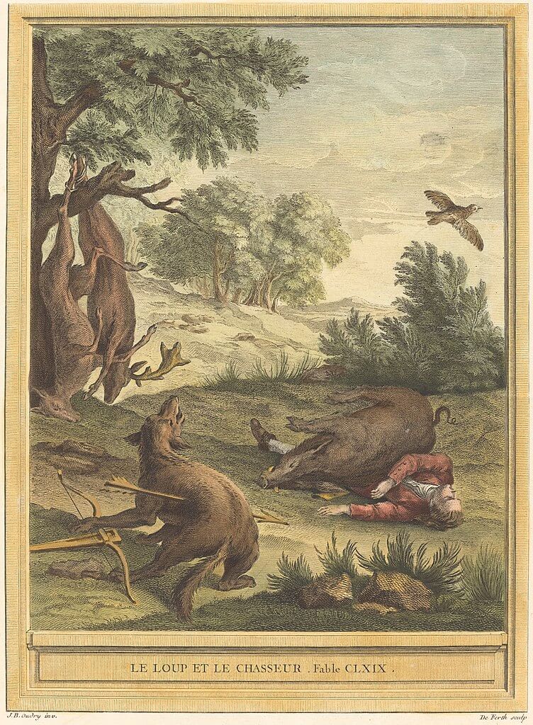Le Loup et Le Chasseur de Jean de La Fontaine dans Les Fables - Gravure par A-J de Fehrt d'après un dessin de Jean-Baptiste Oudry - Colorisée - 1759