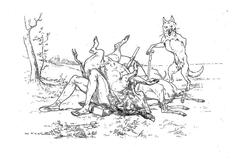 Le Loup et Le Chasseur de Jean de La Fontaine dans Les Fables - Illustration de Auguste Vimar - 1897