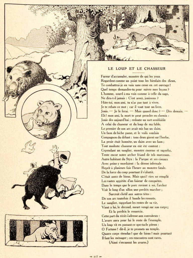 Le Loup et Le Chasseur de Jean de La Fontaine dans Les Fables - Illustration de Benjamin Rabier - 1 sur 2 - 1906