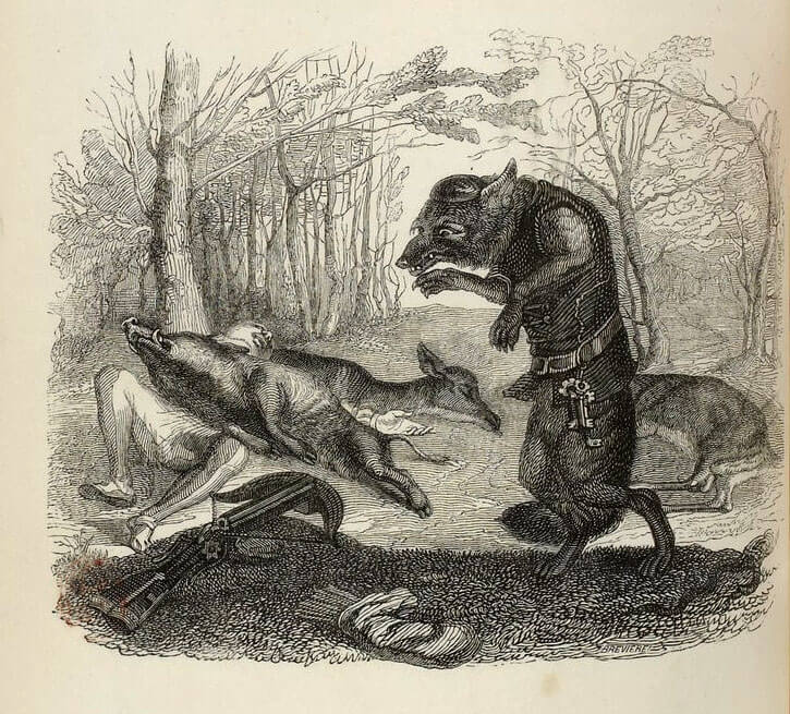 Le Loup et Le Chasseur de Jean de La Fontaine dans Les Fables - Illustration de Grandville - 1840