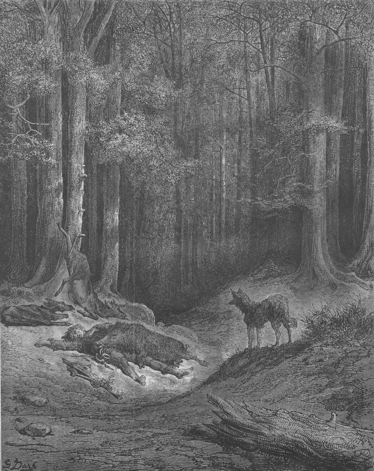 Le Loup et Le Chasseur de Jean de La Fontaine dans Les Fables - Illustration de Gustave Doré - 1876