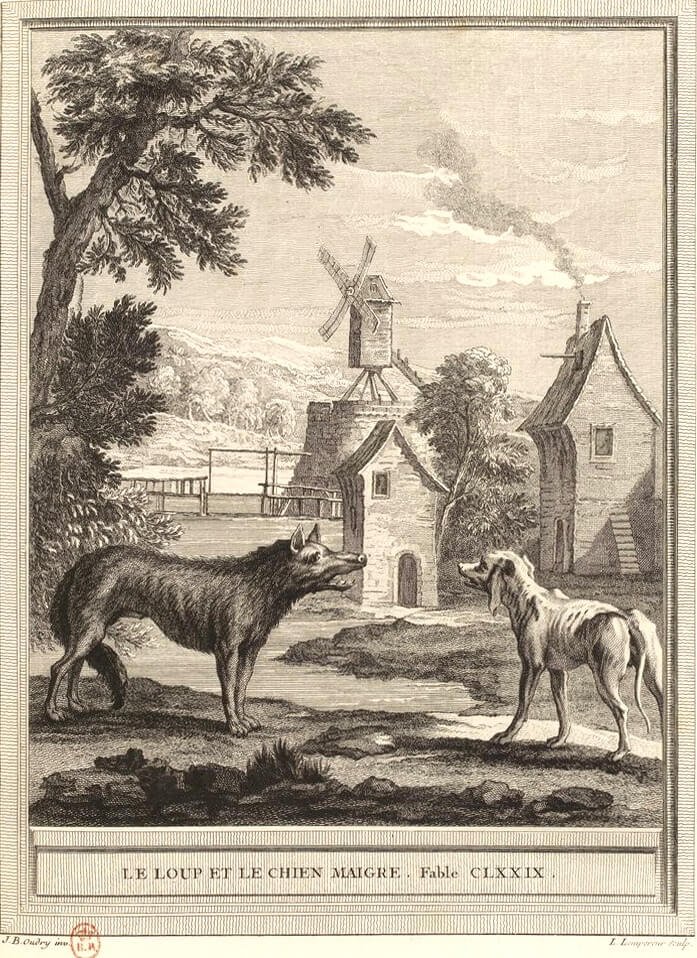 Le Loup et Le Chien Maigre de Jean de La Fontaine dans Les Fables - Gravure par Louis-Simon Lempereur d'après un dessin de Jean-Baptiste Oudry - 1759