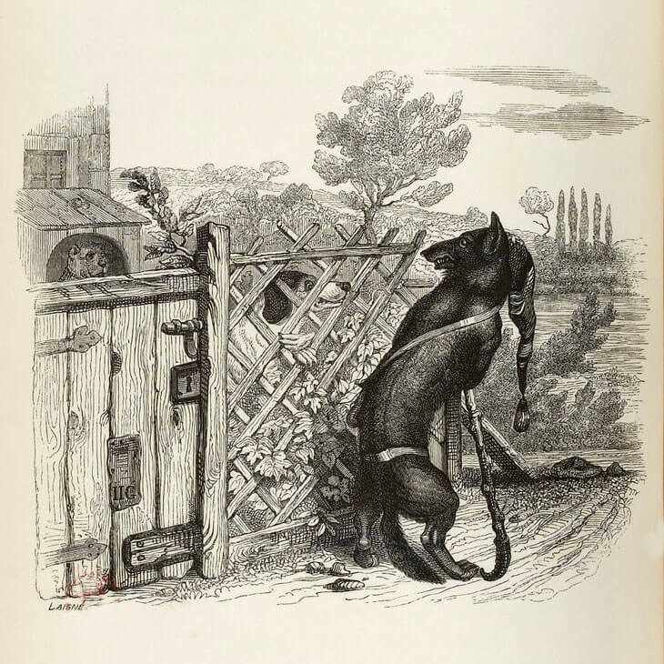 Le Loup et Le Chien Maigre de Jean de La Fontaine dans Les Fables - Illustration de Grandville - 1840