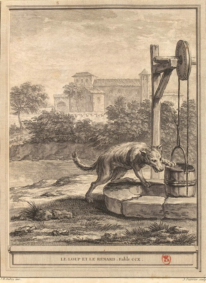Le Loup et Le Renard de Jean de La Fontaine dans Les Fables - Gravure par Jean Ouvrier d'après un dessin de Jean-Baptiste Oudry - 1759