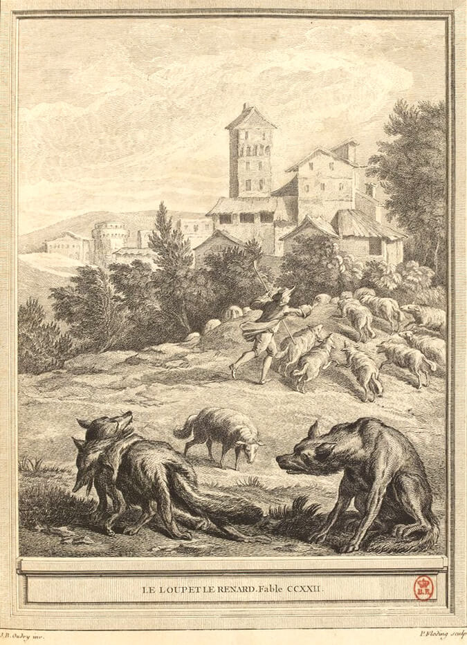 Le Loup et Le Renard de Jean de La Fontaine dans Les Fables - Gravure par Per Gustaf Floding d'après un dessin de Jean-Baptiste Oudry - 1759
