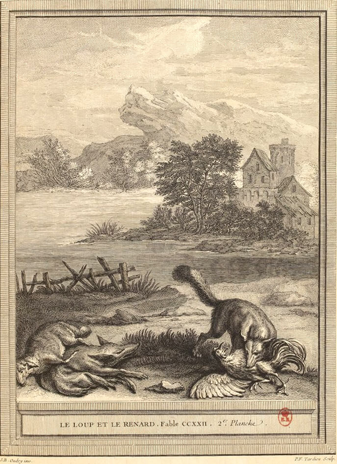 Le Loup et Le Renard de Jean de La Fontaine dans Les Fables - Gravure par Pierre François Tardieu d'après un dessin de Jean-Baptiste Oudry - 1759