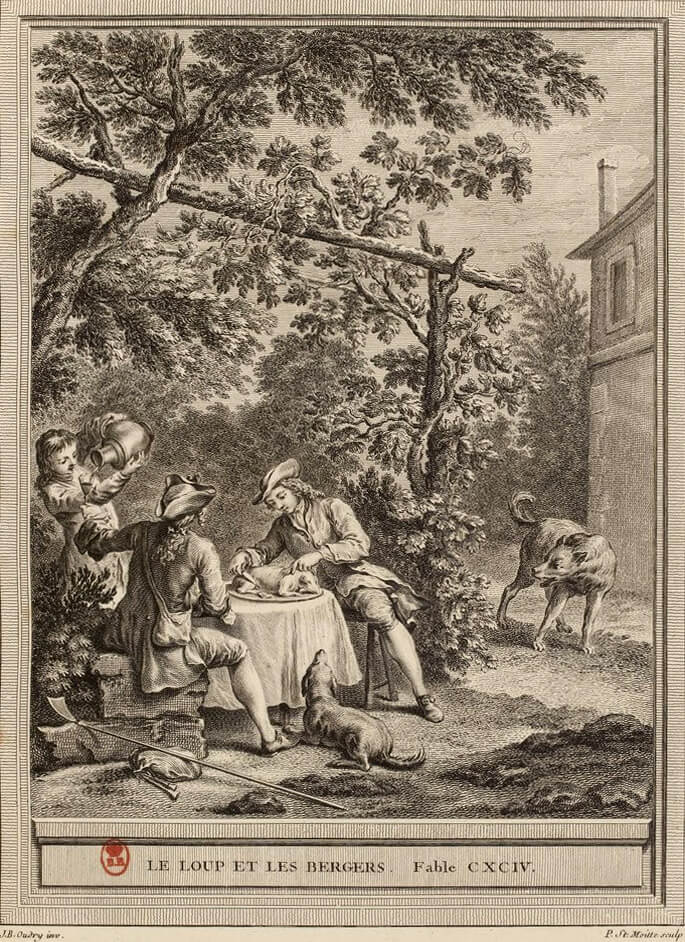 Le Loup et Les Bergers de Jean de La Fontaine dans Les Fables - Gravure par Pierre-Étienne Moitte d'après un dessin de Jean-Baptiste Oudry - 1759