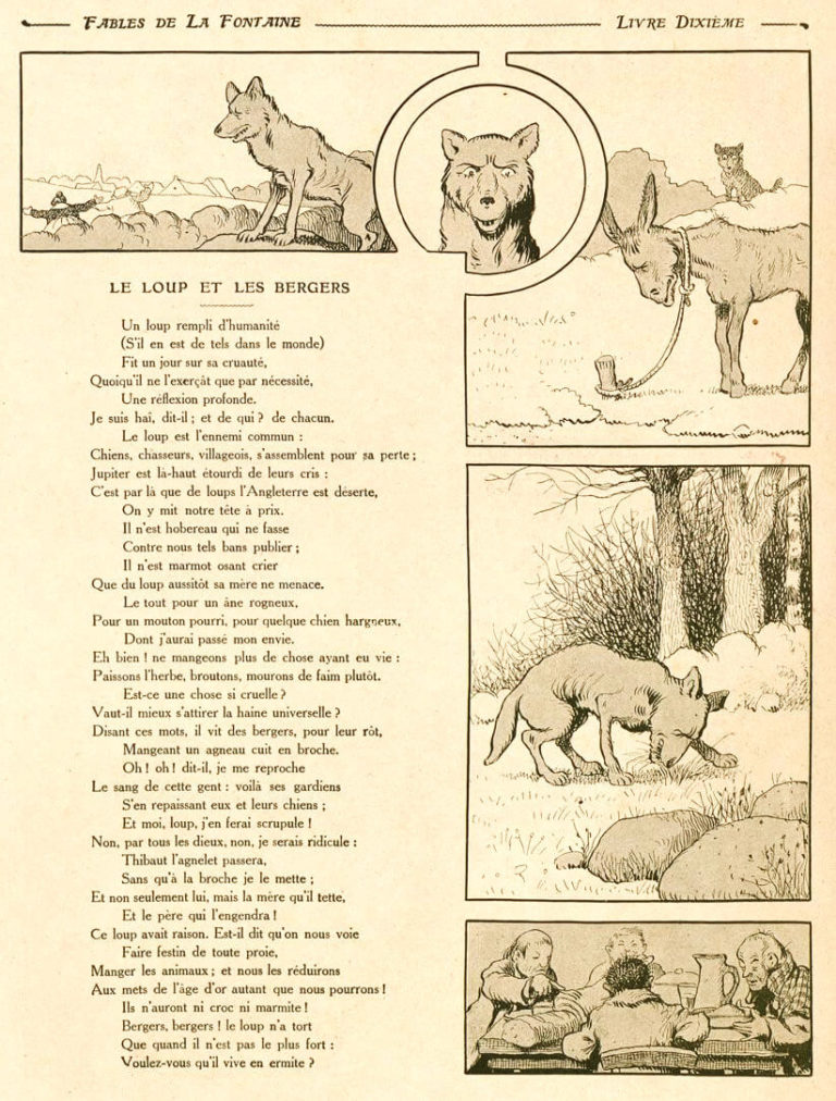 Le Loup et Les Bergers de Jean de La Fontaine dans Les Fables - Illustration de Benjamin Rabier - 1906