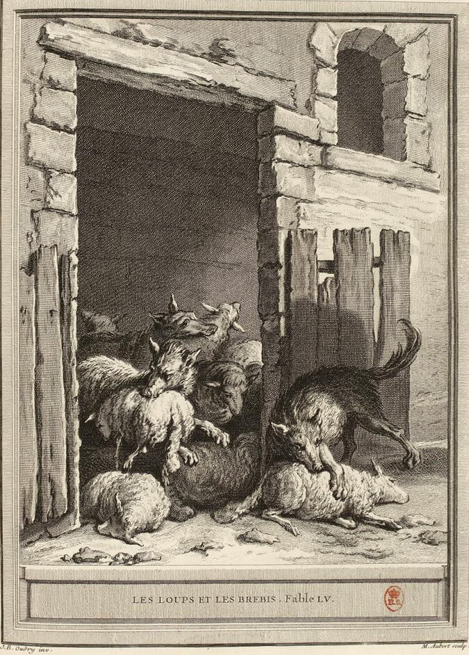Les Loups et Les Brebis de Jean de La Fontaine dans Les Fables - Gravure par Michel Aubert d'après un dessin de Jean-Baptiste Oudry - 1759