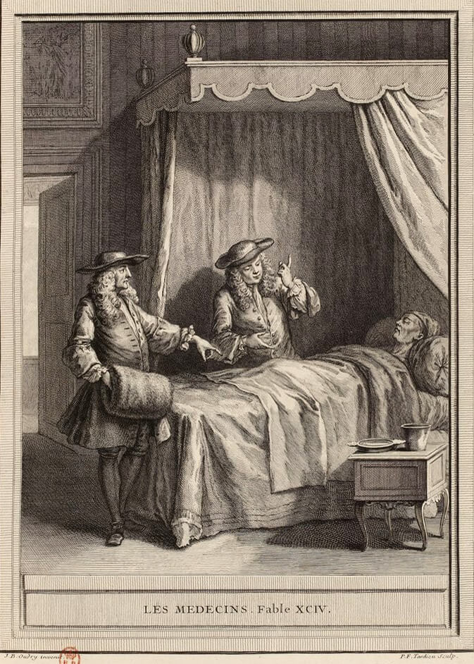 Les Médecins de Jean de La Fontaine dans Les Fables - Gravure par Pierre François Tardieu d'après un dessin de Jean-Baptiste Oudry - 1759
