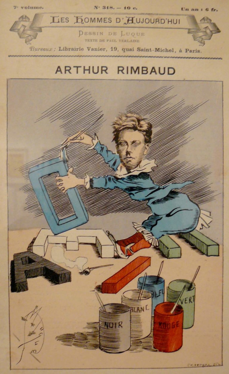 Voyelles de Arthur Rimbaud dans Poésies Complètes - Caricature de Luque - Couverture du numéro 318 de la revue Les Hommes d'Aujourd'hui - Janvier 1888