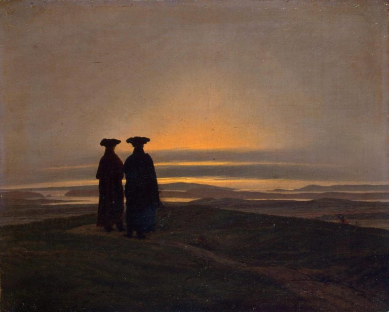 Crépuscule Du Soir Mystique de Paul Verlaine dans Poèmes Saturniens - Peinture de Caspar David Friedrich - Paysage du soir avec deux hommes - 1835