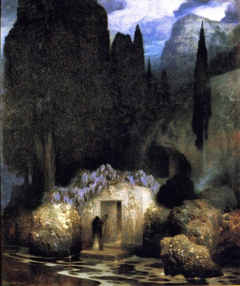 En Frappant À Une Porte de Victor Hugo dans Les Contemplations - Peinture de Arnold Böcklin - Le bois sacré - 1882