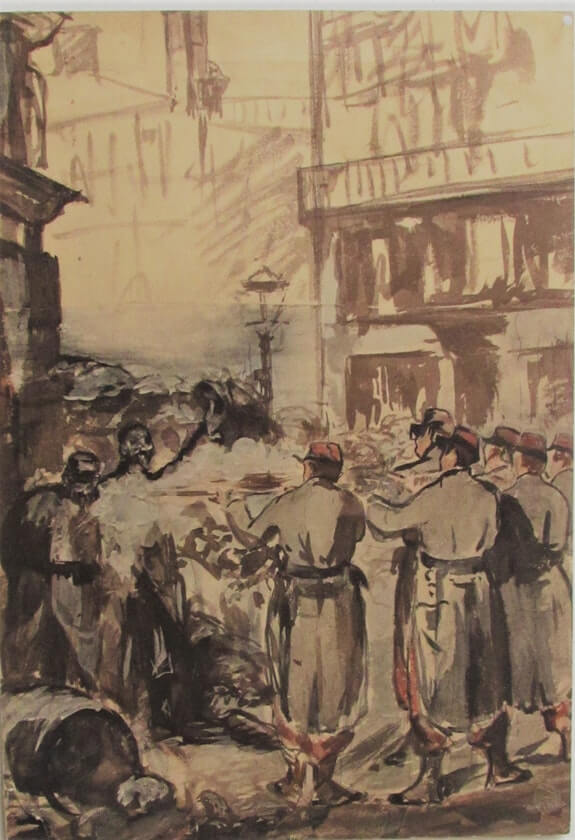 France ! À l’Heure Où Tu Te Prosternes... de Victor Hugo dans Les Châtiments - Estampe de Édouard Manet - La barricade - 1871