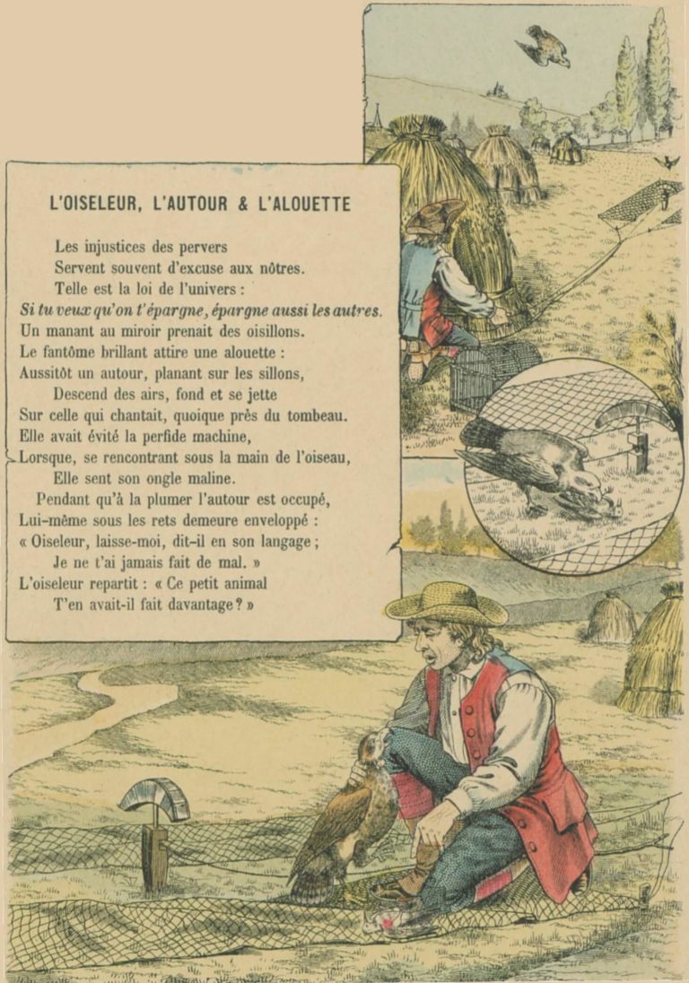 L’Oiseleur, l’Autour et l’Alouette de Jean de La Fontaine dans Les Fables - Estampe de A. Chauffour - Image d'Épinal - 1895