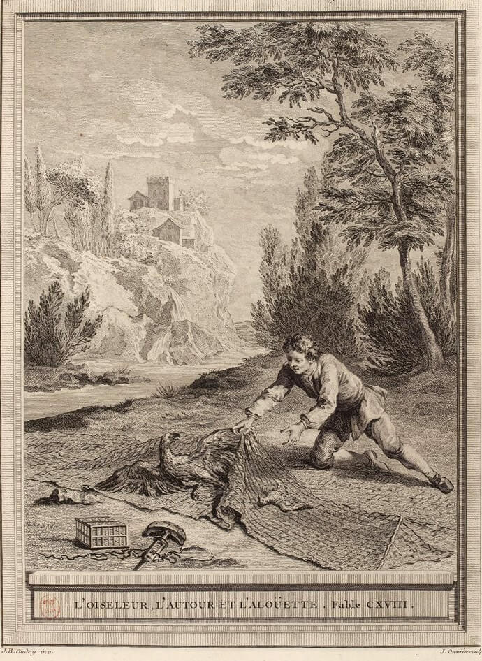 L’Oiseleur, l’Autour et l’Alouette de Jean de La Fontaine dans Les Fables - Gravure par Jean Ouvrier d'après un dessin de Jean-Baptiste Oudry - 1759