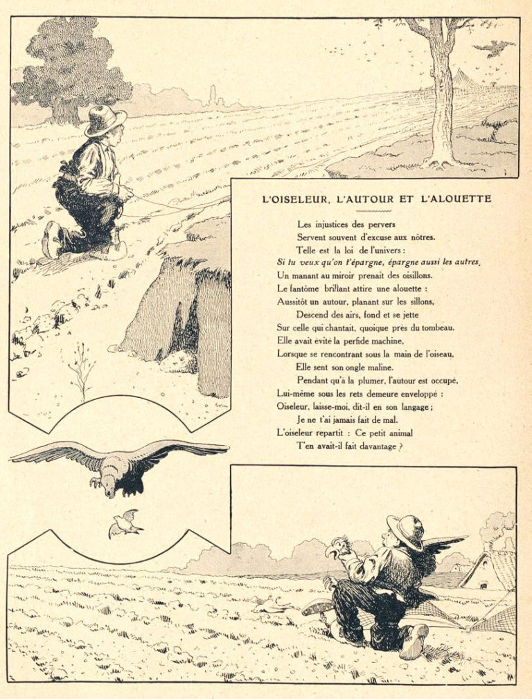 L’Oiseleur, l’Autour et l’Alouette de Jean de La Fontaine dans Les Fables - Illustration de Benjamin Rabier - 1906