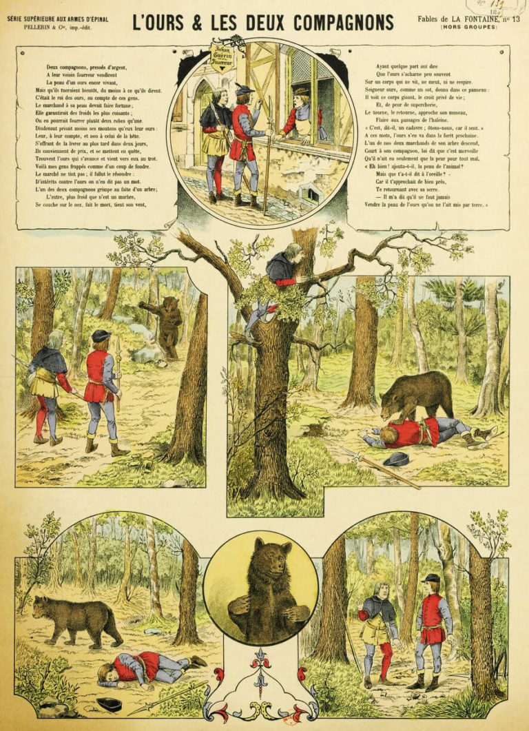 L’Ours et Les Deux Compagnons de Jean de La Fontaine dans Les Fables - Estampe de E. Phosty - Image d'Épinal - 1895