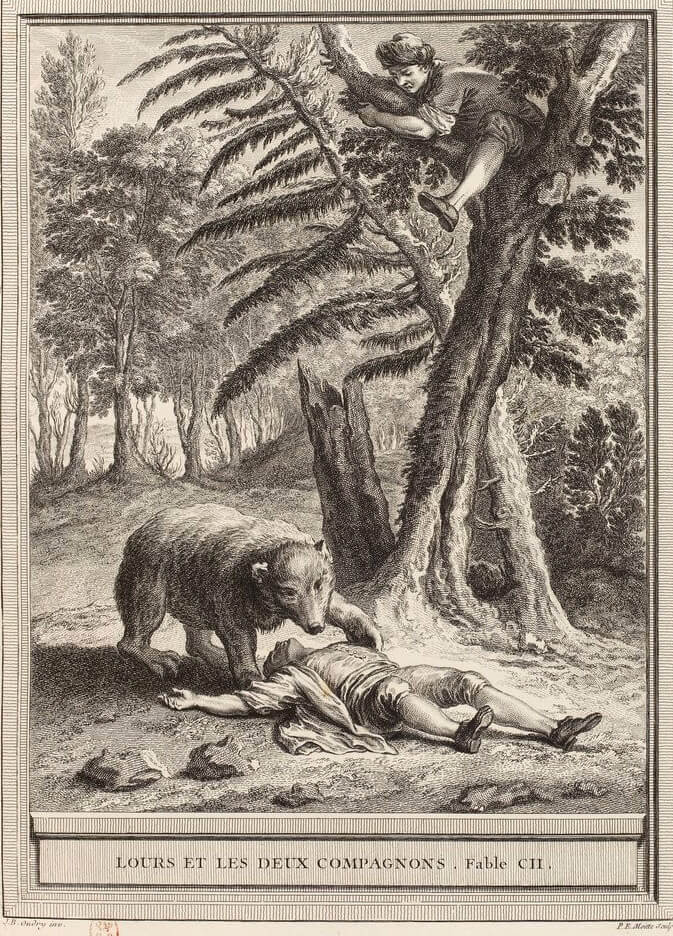 L’Ours et Les Deux Compagnons de Jean de La Fontaine dans Les Fables - Gravure par Pierre-Étienne Moitte d'après un dessin de Jean-Baptiste Oudry - 1759