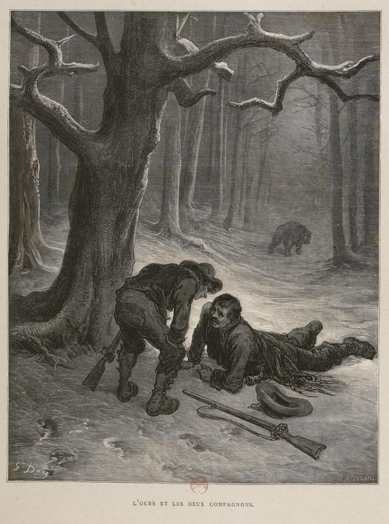 L’Ours et Les Deux Compagnons de Jean de La Fontaine dans Les Fables - Illustration de Gustave Doré - BNF - 1 - 1876