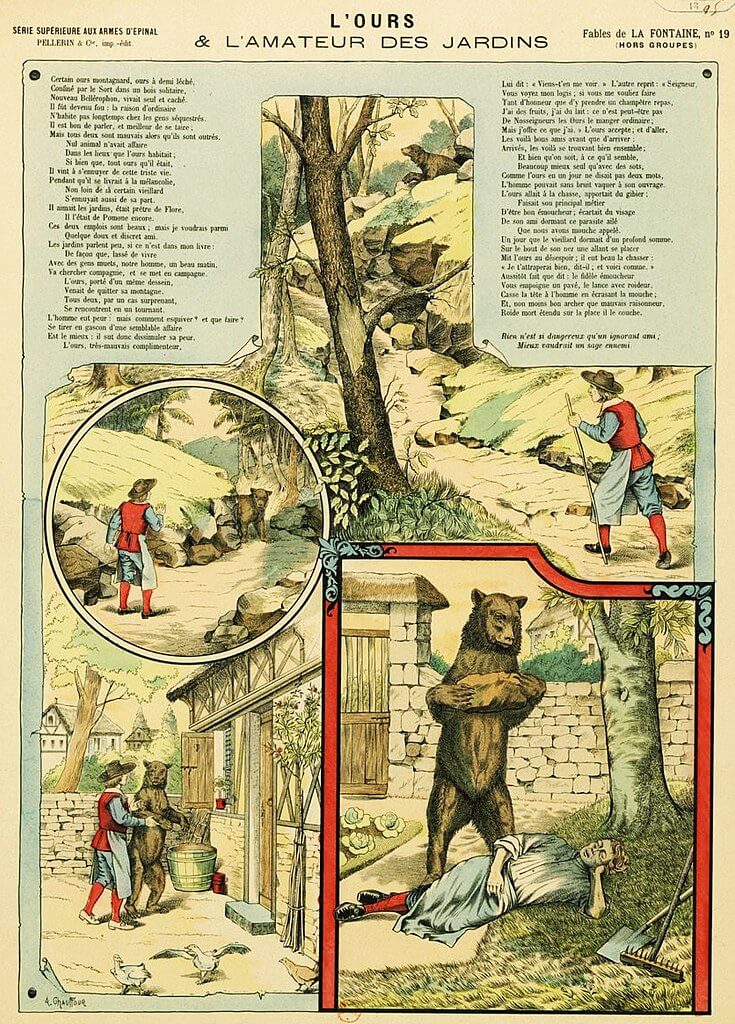 L’Ours et l’Amateur Des Jardins de Jean de La Fontaine dans Les Fables - Estampe de E. Phosty - Image d'Épinal - 1895