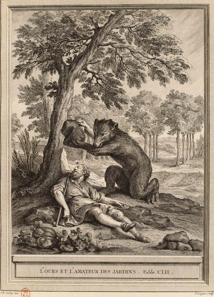 L’Ours et l’Amateur Des Jardins de Jean de La Fontaine dans Les Fables - Gravure par Jacques Jean Pasquier d'après un dessin de Jean-Baptiste Oudry - 1759