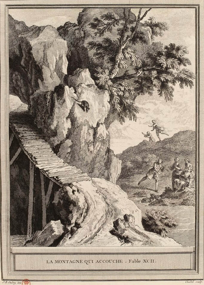 La Montagne Qui Accouche de Jean de La Fontaine dans Les Fables - Gravure par Pierre Quentin Chedel d'après un dessin de Jean-Baptiste Oudry - 1759