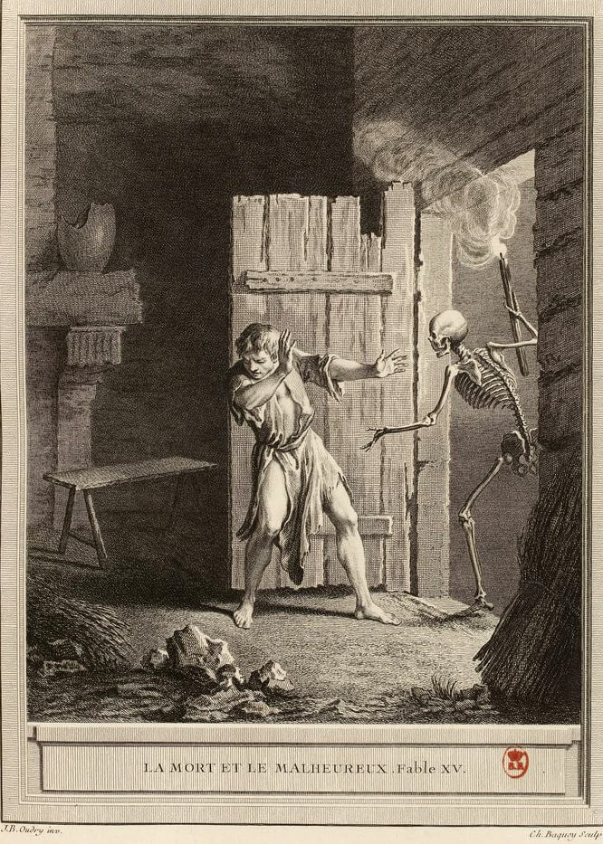 La Mort et Le Malheureux de Jean de La Fontaine dans Les Fables - Gravure par Charles-Nicolas Cochin d'après un dessin de Jean-Baptiste Oudry - 1759