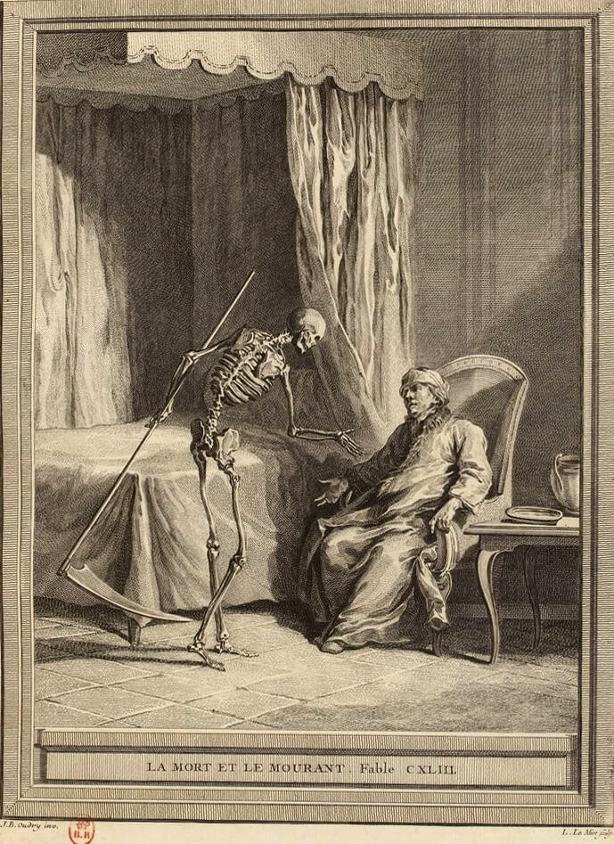 La Mort et Le Mourant de Jean de La Fontaine dans Les Fables - Gravure par Noël Le Mire d'après un dessin de Jean-Baptiste Oudry - 1759