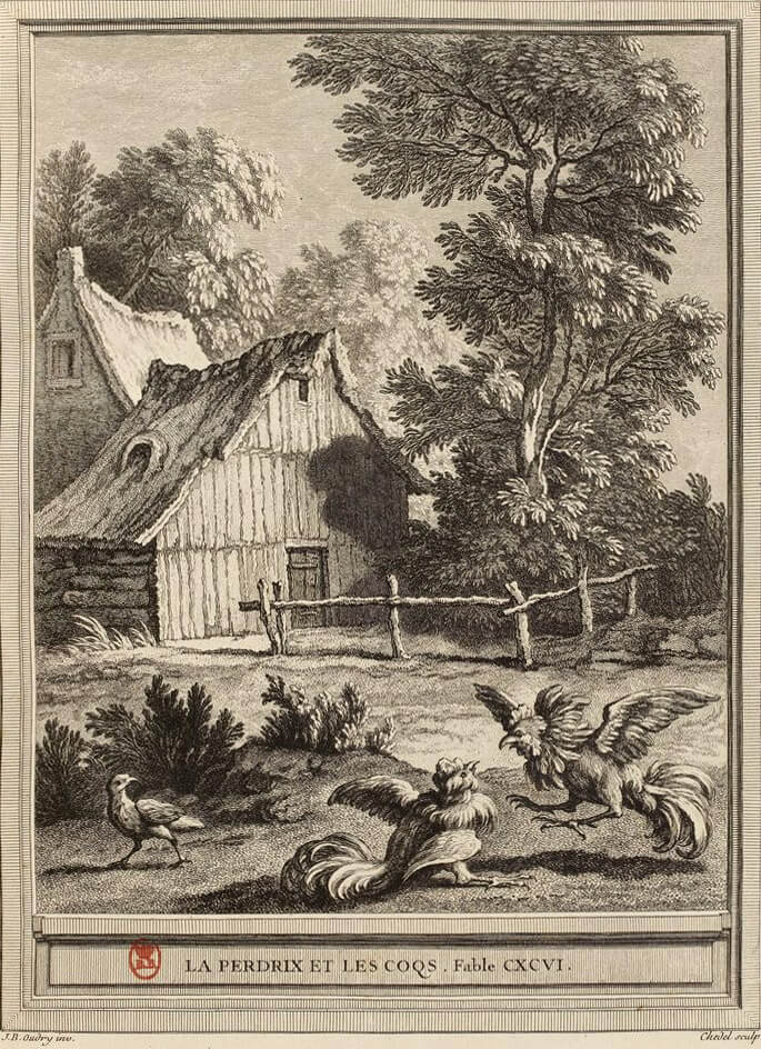 La Perdrix et Les Coqs de Jean de La Fontaine dans Les Fables - Gravure par Pierre Quentin Chedel d'après un dessin de Jean-Baptiste Oudry - 1759