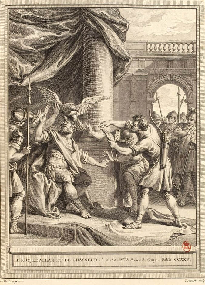 Le Milan, Le Roi et Le Chasseur de Jean de La Fontaine dans Les Fables - Gravure par Benoît-Louis Prévost d'après un dessin de Jean-Baptiste Oudry - 1759