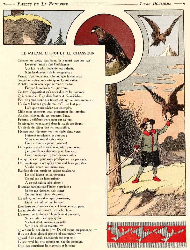 Le Milan, Le Roi et Le Chasseur de Jean de La Fontaine dans Les Fables - Illustration de Benjamin Rabier - 1 sur 3 - 1906