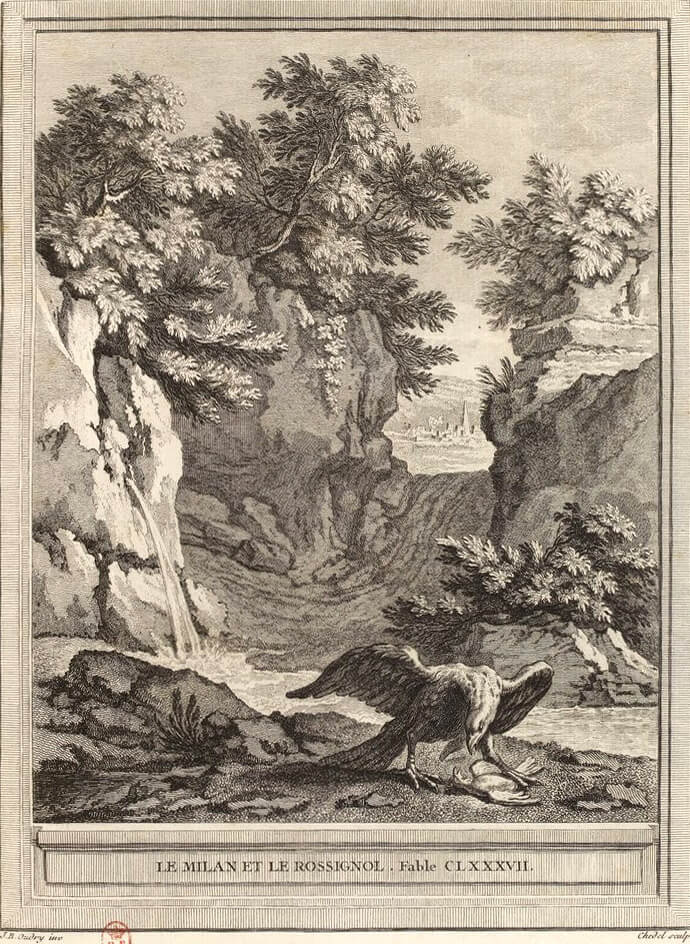 Le Milan et Le Rossignol de Jean de La Fontaine dans Les Fables - Gravure par Pierre Quentin Chedel d'après un dessin de Jean-Baptiste Oudry - 1759