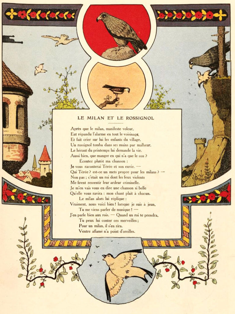 Le Milan et Le Rossignol de Jean de La Fontaine dans Les Fables - Illustration de Benjamin Rabier - 1906