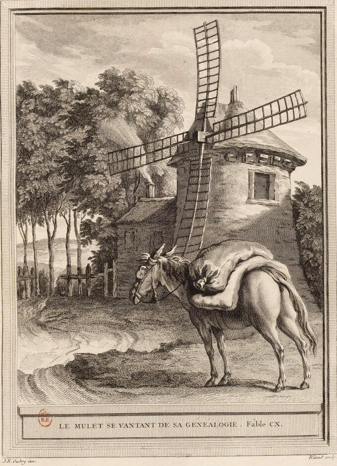 Le Mulet Se Vantant De Sa Généalogie de Jean de La Fontaine dans Les Fables - Gravure par Ryland d'après un dessin de Jean-Baptiste Oudry - 1759