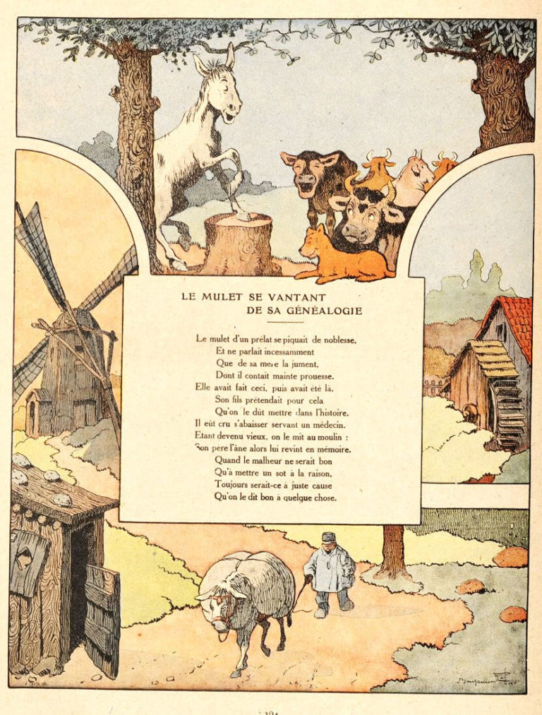 Le Mulet Se Vantant De Sa Généalogie de Jean de La Fontaine dans Les Fables - Illustration de Benjamin Rabier - 1906