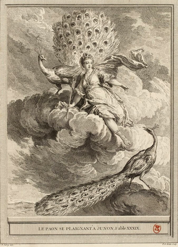 Le Paon Se Plaignant À Junon de Jean de La Fontaine dans Les Fables - Gravure par Pierre-Étienne Moitte d'après un dessin de Jean-Baptiste Oudry - 1759