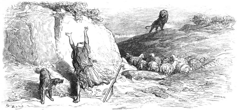 Le Pâtre et Le Lion de Jean de La Fontaine dans Les Fables - Gravure de Gustave Doré - 1876