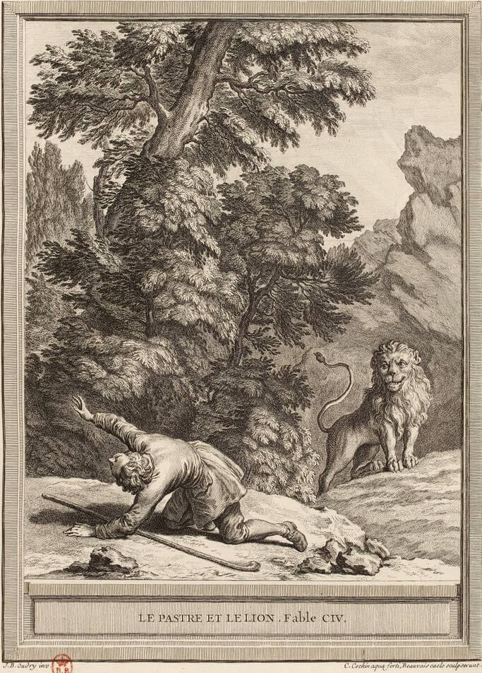 Le Pâtre et Le Lion de Jean de La Fontaine dans Les Fables - Gravure par Charles-Nicolas Cochin d'après un dessin de Jean-Baptiste Oudry - 1759