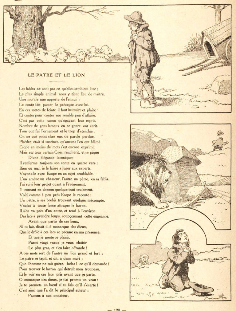Le Pâtre et Le Lion de Jean de La Fontaine dans Les Fables - Illustration de Benjamin Rabier - 1906