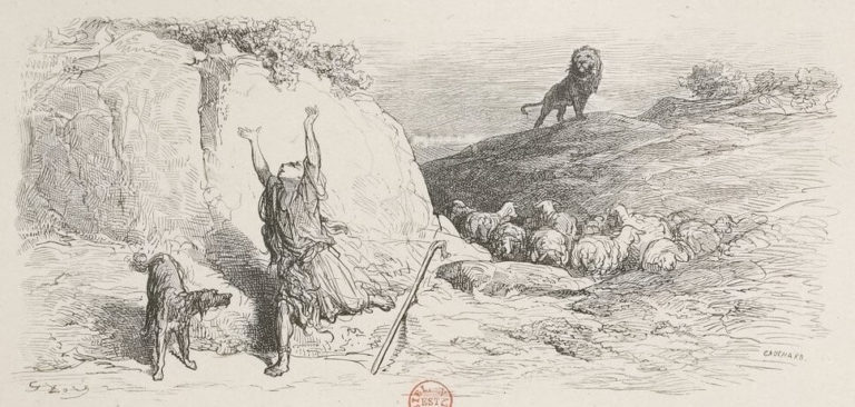 Le Pâtre et Le Lion de Jean de La Fontaine dans Les Fables - Illustration de Gustave Doré - 1876