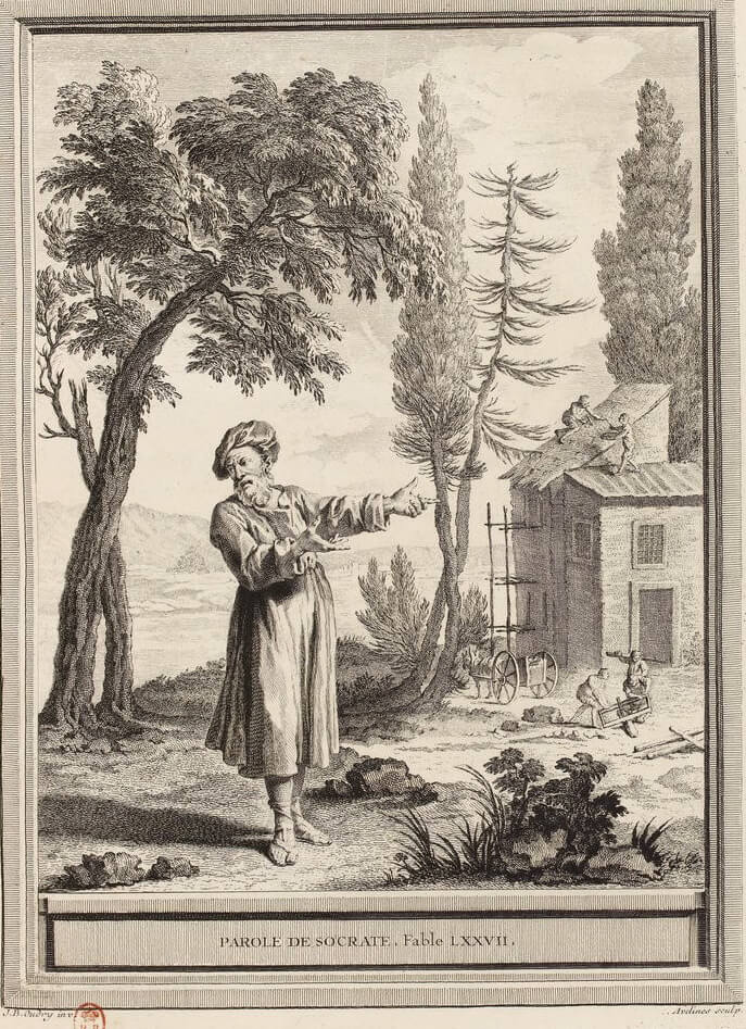Parole de Socrate de Jean de La Fontaine dans Les Fables - Gravure par Pierre-Alexandre Aveline d'après un dessin de Jean-Baptiste Oudry - 1759