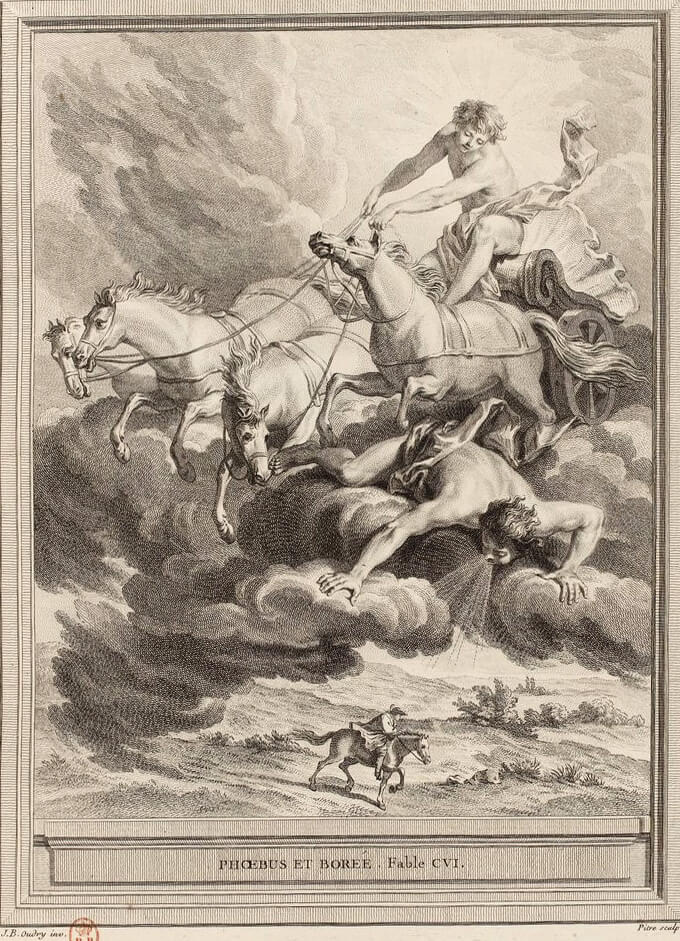 Phœbus et Borée de Jean de La Fontaine dans Les Fables - Gravure par Pieter Franciscus Martenisie d'après un dessin de Jean-Baptiste Oudry - 1759
