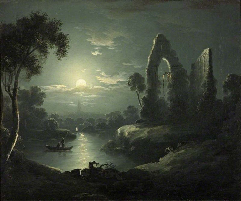 Voyage De Nuit de Victor Hugo dans Les Contemplations - Peinture de Sebastian Pether - Paysage de rivière au clair de lune - 1835