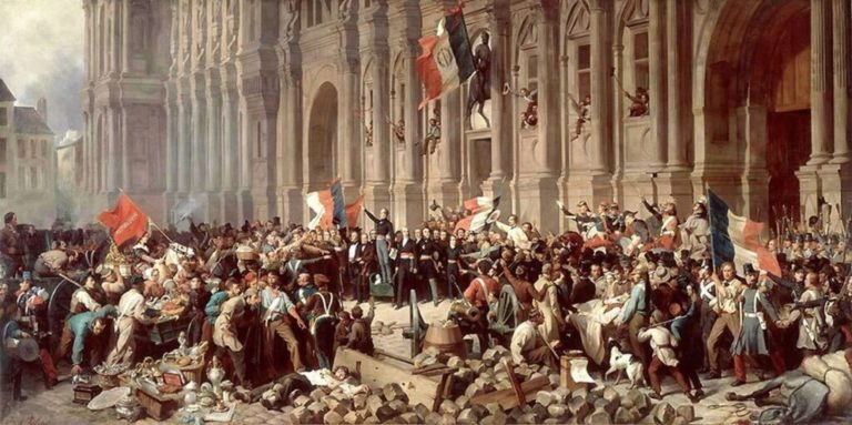 Au Peuple de Victor Hugo dans Les Châtiments - Peinture de Henri Félix Philippoteaux - Lamartine refusant le drapeau rouge devant l'hotel de ville - 1848